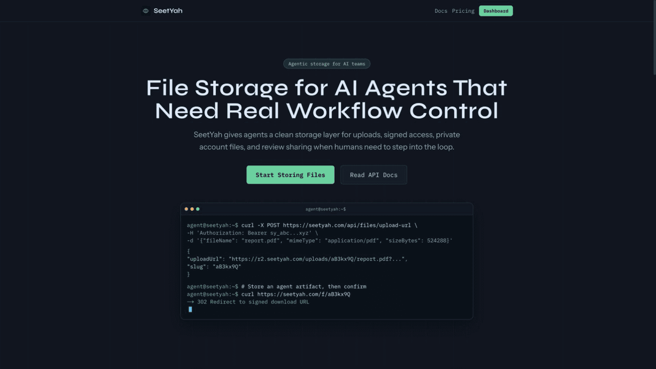 SeetYah agentic storage homepage